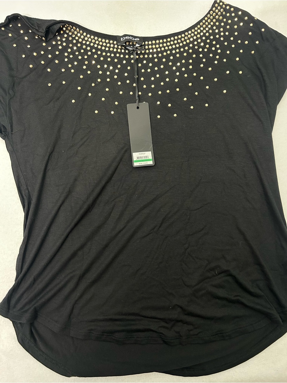 bebe Black Short Sleeve Scoop Neck Top with Gold Studs